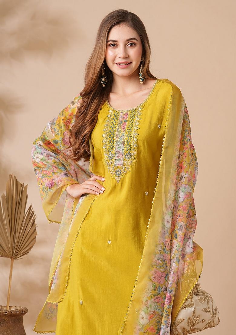 Mustard Embroidery Chanderi Kurta Set - Indya