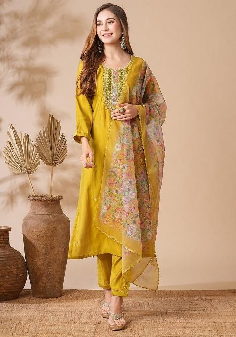 Mustard Embroidery Chanderi Kurta Set