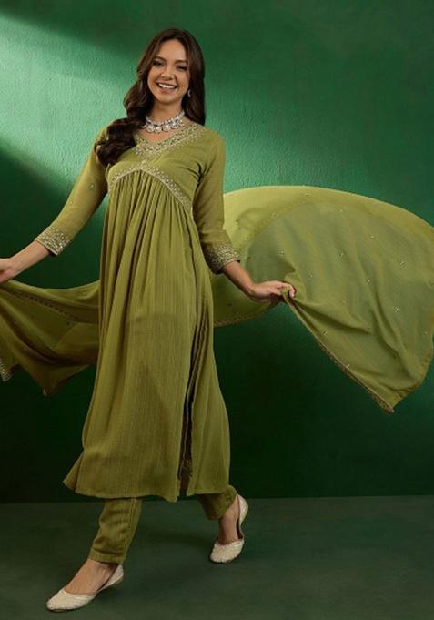 Green Embroidery Georgette Kurta Set