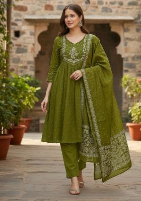 Green Embroidery Cotton Kurta Set