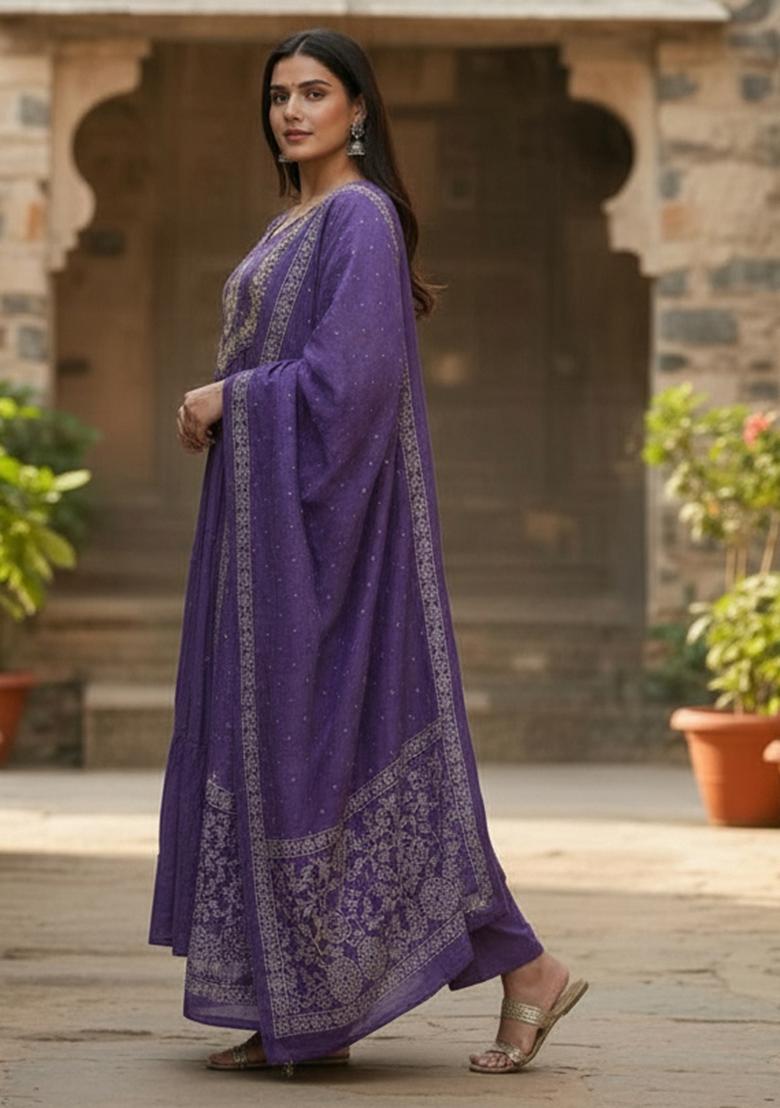 Lavender Embroidery Cotton Kurta Set - Indya