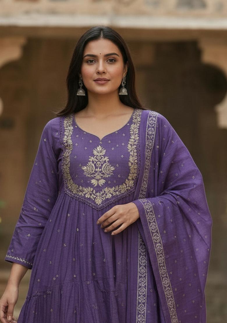 Lavender Embroidery Cotton Kurta Set - Indya