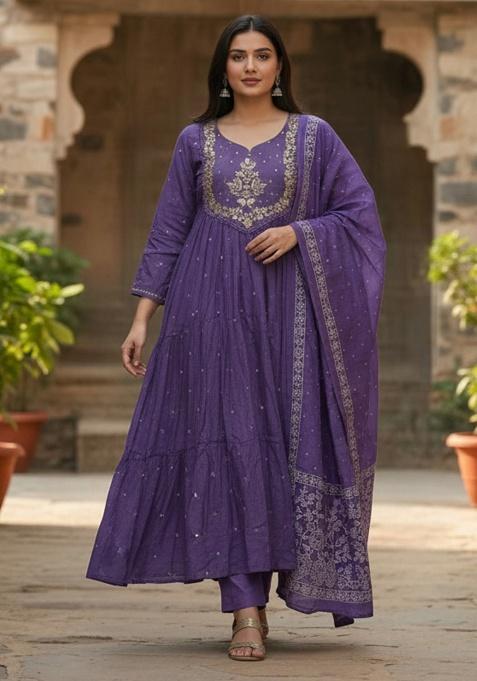 Lavender Embroidery Cotton Kurta Set