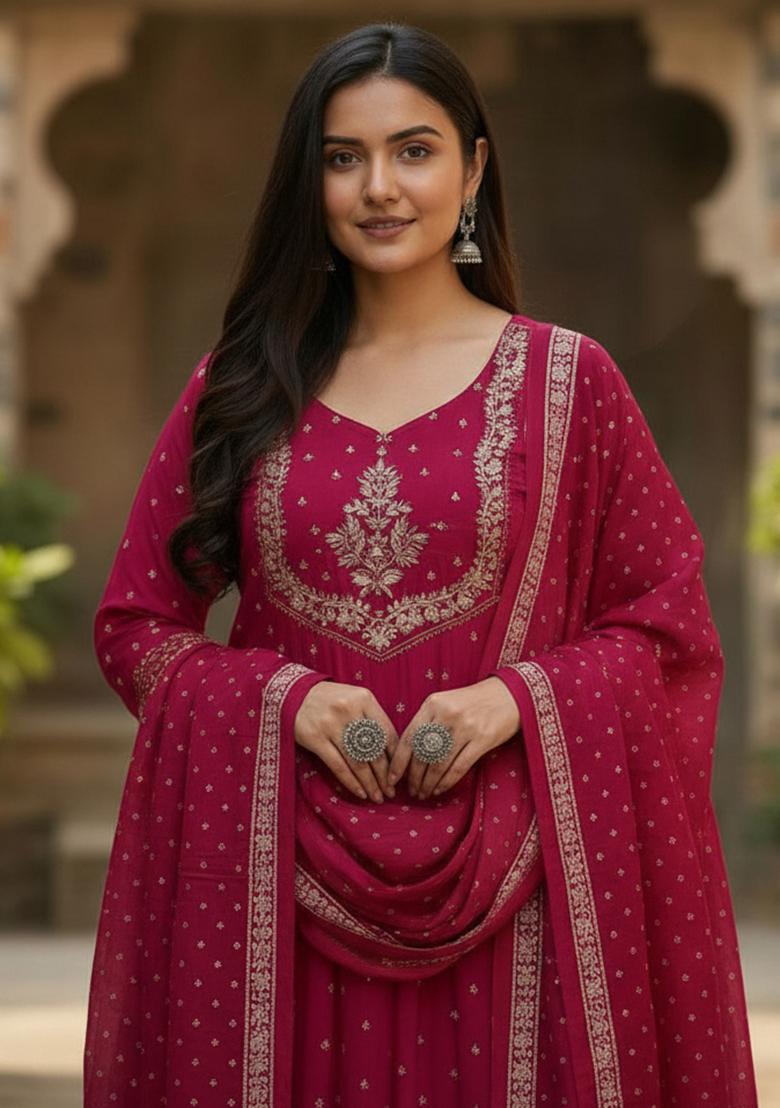 Pink Embroidery Cotton Kurta Set - Indya