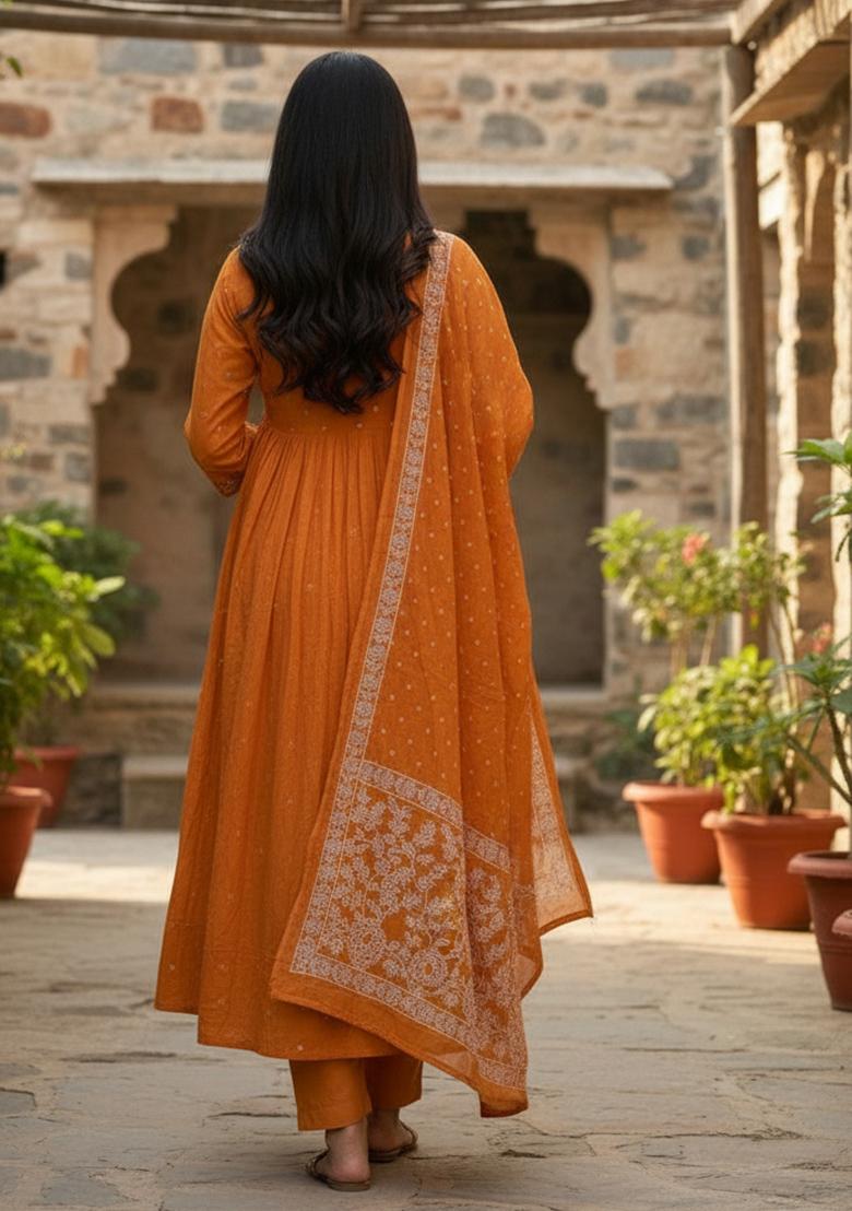 Orange Embroidery Cotton Kurta Set - Indya