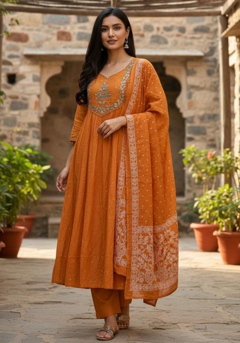 Orange Embroidery Cotton Kurta Set