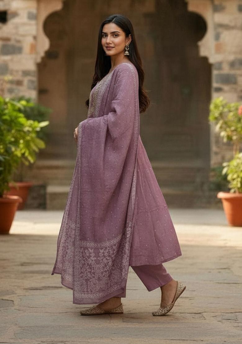 Onion Embroidery Cotton Kurta Set - Indya