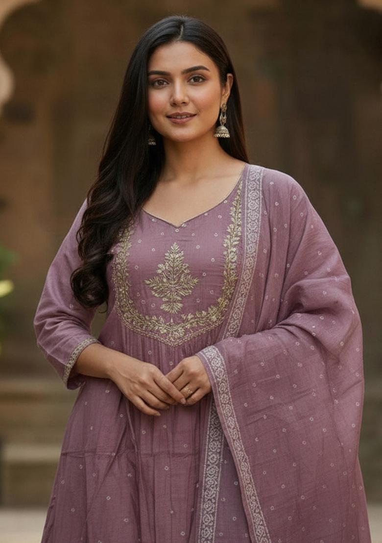 Onion Embroidery Cotton Kurta Set - Indya