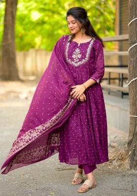 Purple Embroidery Cotton Kurta Set