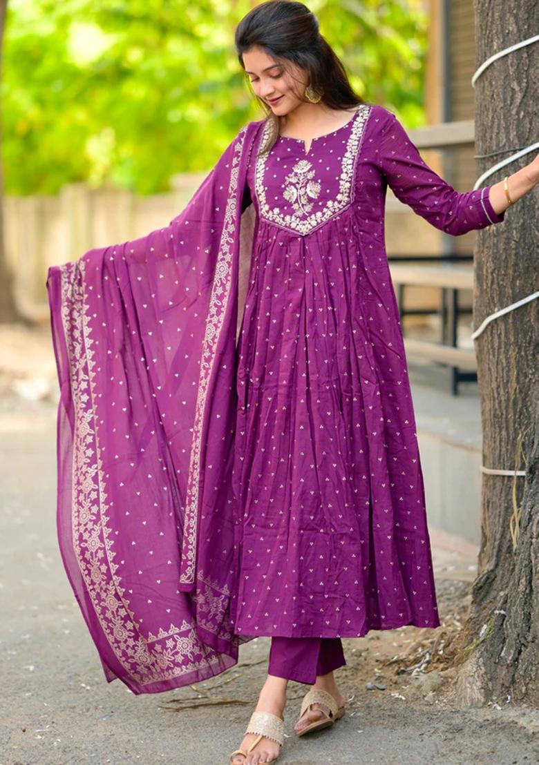 Purple Embroidery Cotton Kurta Set - Indya