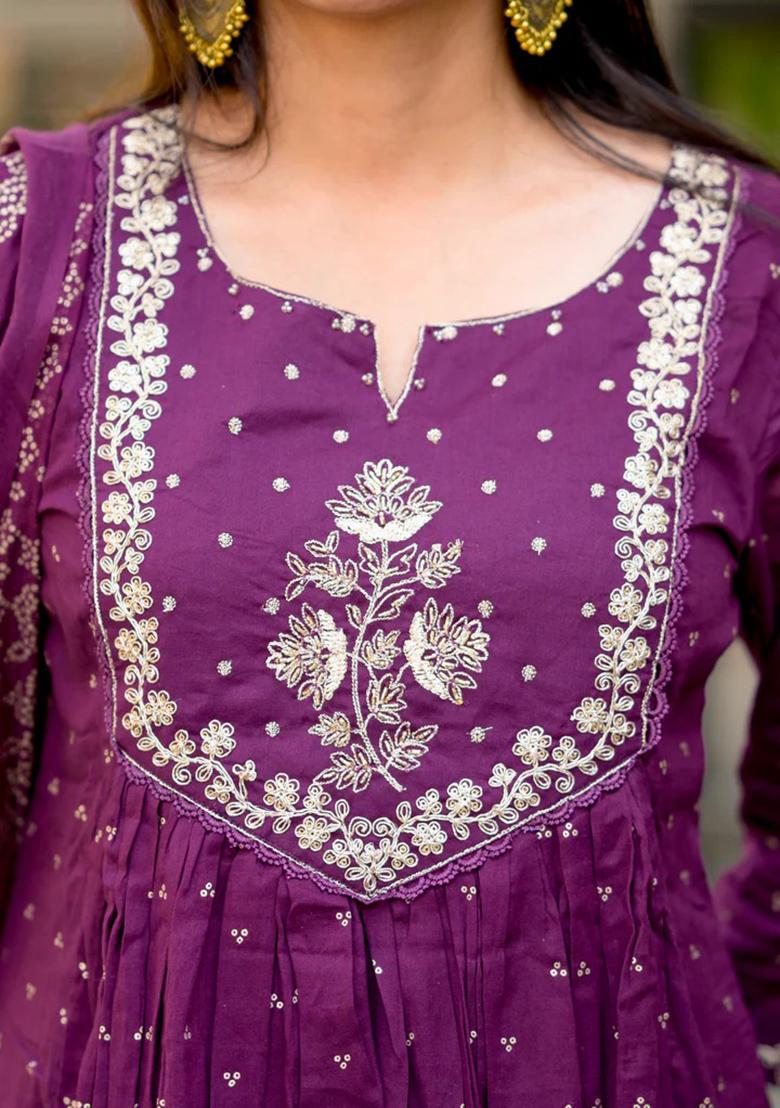 Purple Embroidery Cotton Kurta Set - Indya