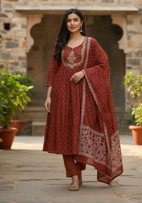 Rust Embroidery Cotton Kurta Set