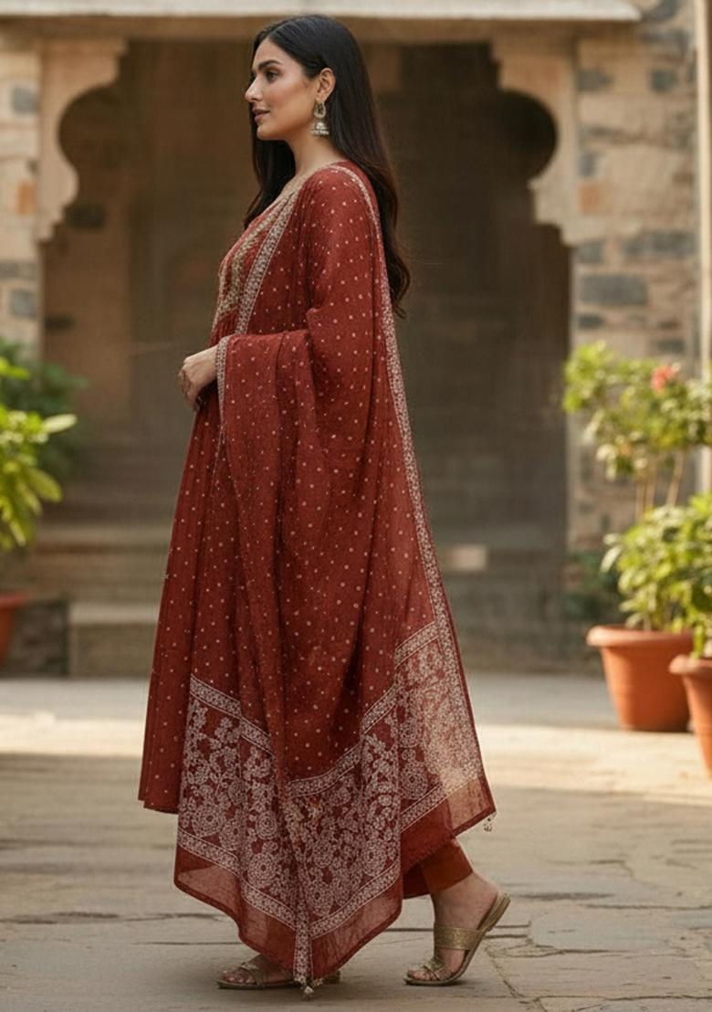 Rust Embroidery Cotton Kurta Set - Indya