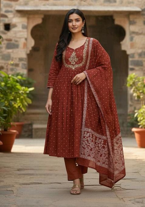 Rust Embroidery Cotton Kurta Set