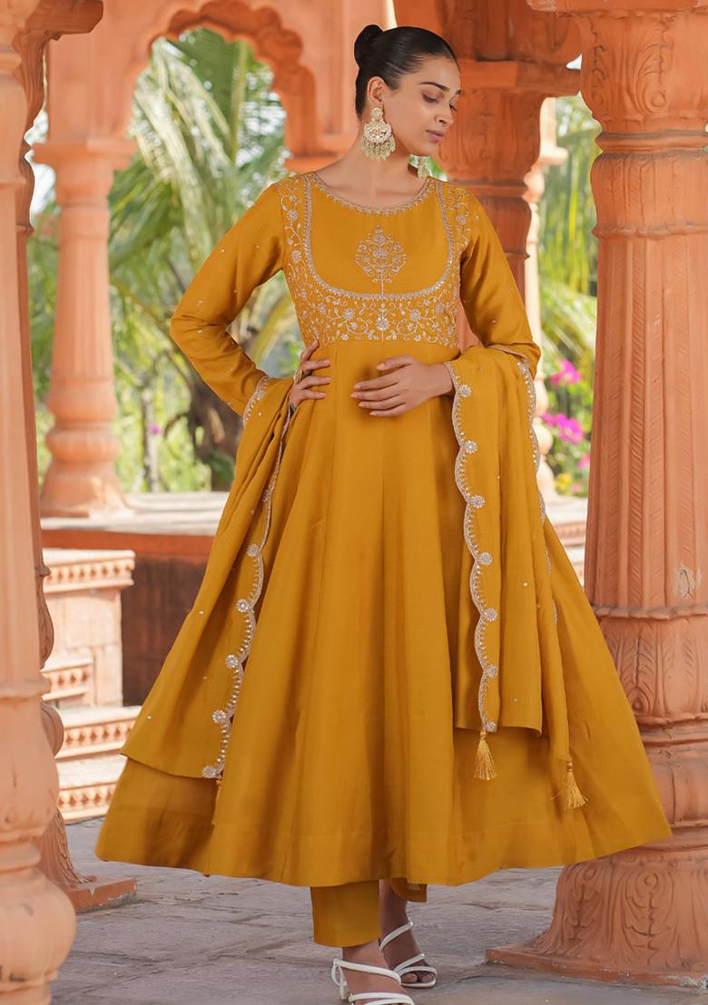 Mustard Embroidery Silk Kurta Set - Indya