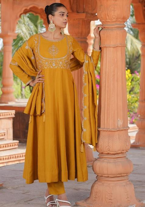 Mustard Embroidery Silk Kurta Set