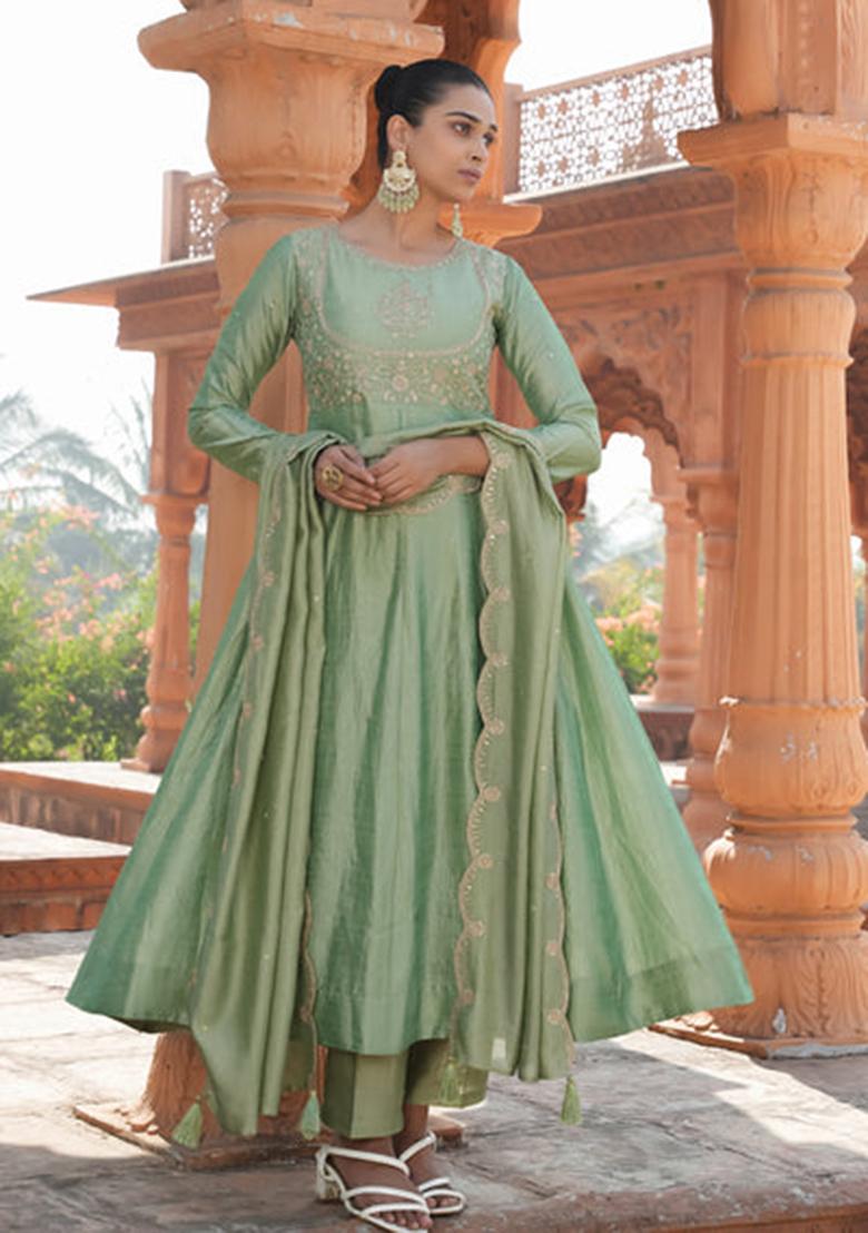 Pista Embroidery Silk Kurta Set - Indya