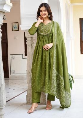 Mehendi Embroidery Cotton Kurta Set