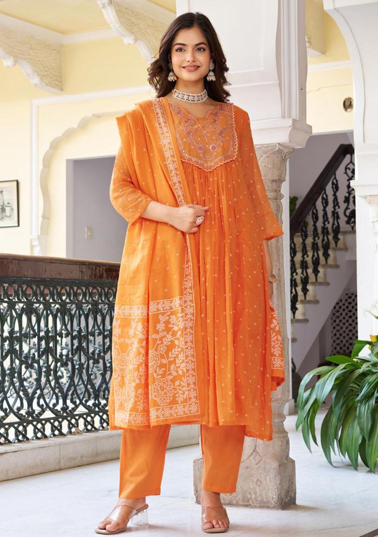 Orange Embroidery Cotton Kurta Set - Indya