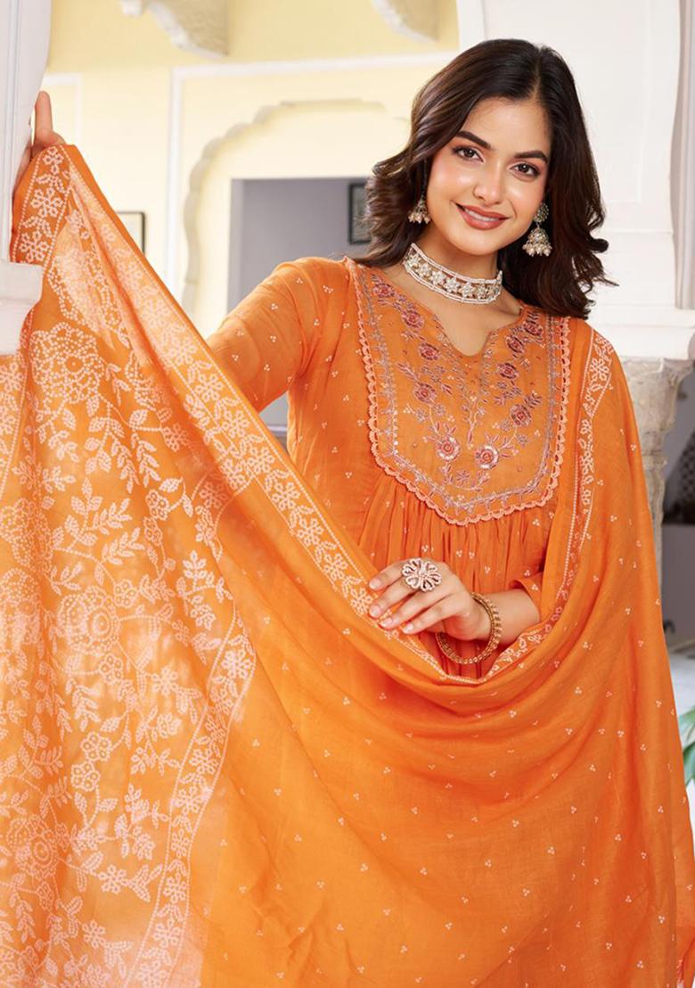 Orange Embroidery Cotton Kurta Set - Indya