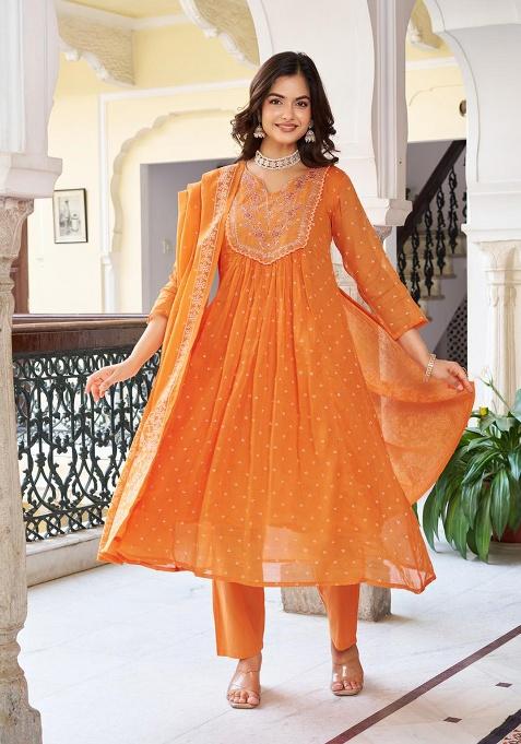 Orange Embroidery Cotton Kurta Set