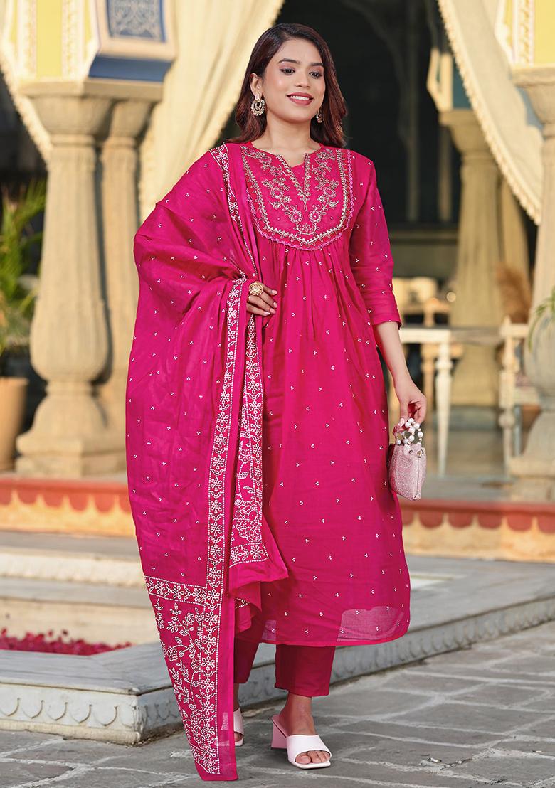 Pink Embroidery Cotton Kurta Set - Indya