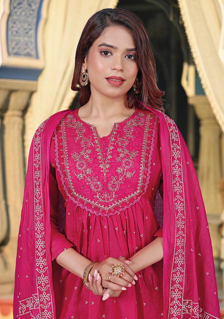 Pink Embroidery Cotton Kurta Set - Indya
