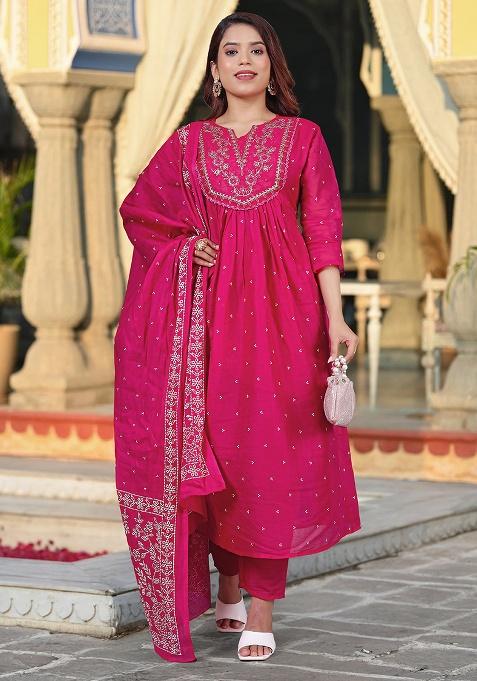 Pink Embroidery Cotton Kurta Set