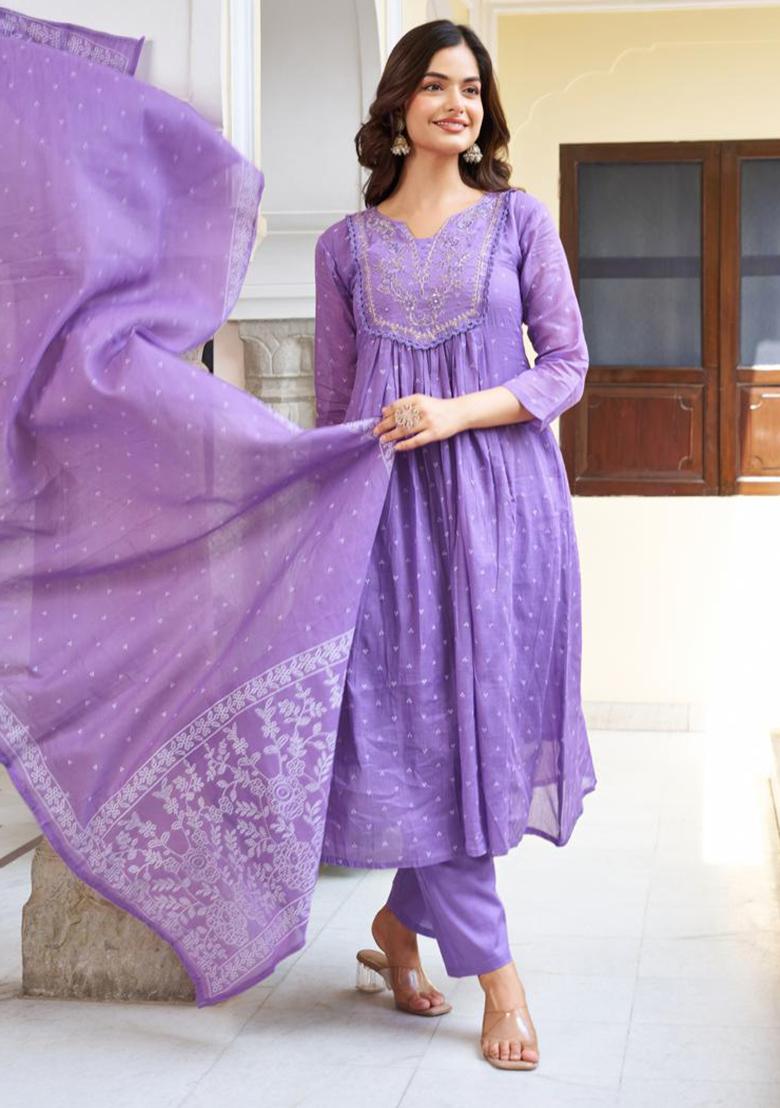 Lavender Embroidery Cotton Kurta Set - Indya