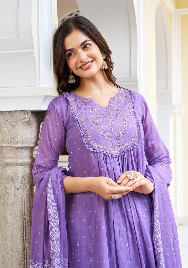 Lavender Embroidery Cotton Kurta Set - Indya