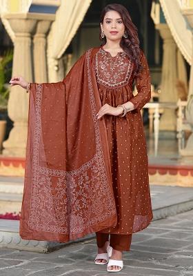 Rust Embroidery Cotton Kurta Set