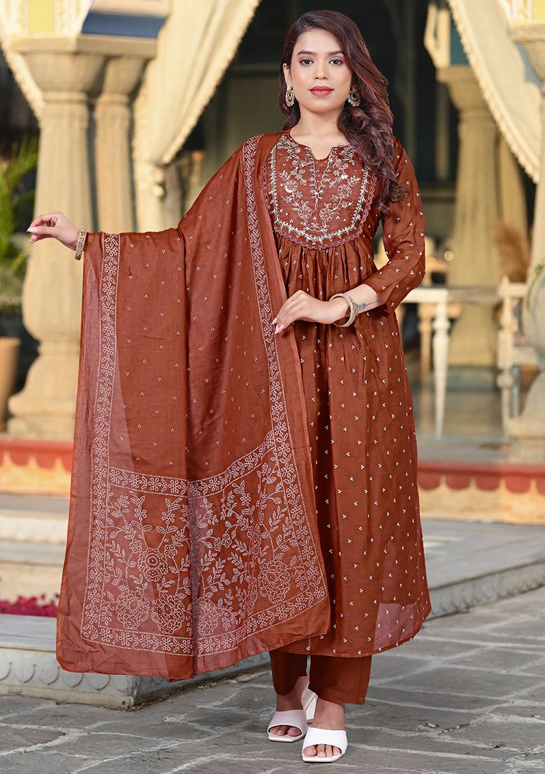 Rust Embroidery Cotton Kurta Set - Indya