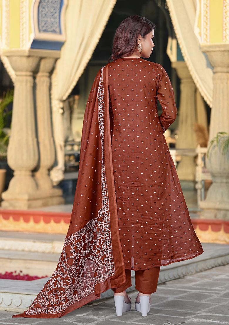 Rust Embroidery Cotton Kurta Set - Indya