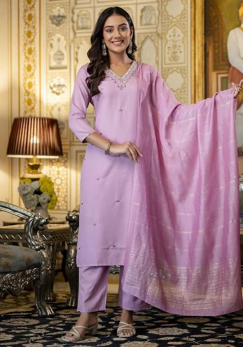 Lavender Embroidery Rayon Kurta Set