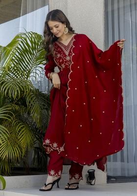 Red Embroidery Silk Kurta Set