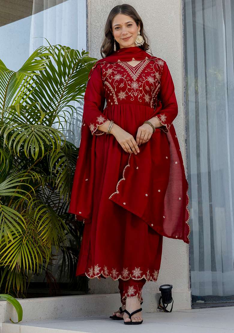 Red Embroidery Silk Blend Kurta Set - Indya