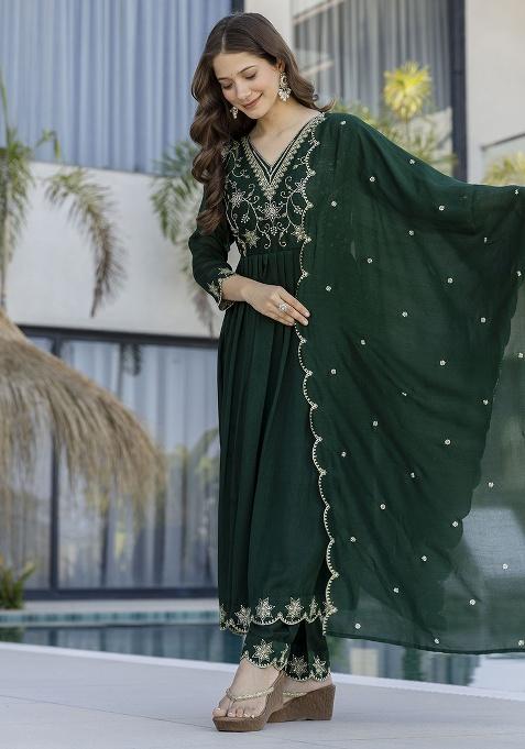 Green Embroidery Silk Kurta Set