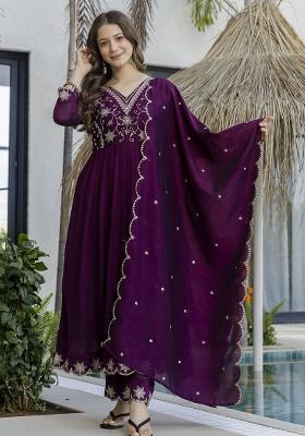 Purple Embroidery Silk Kurta Set