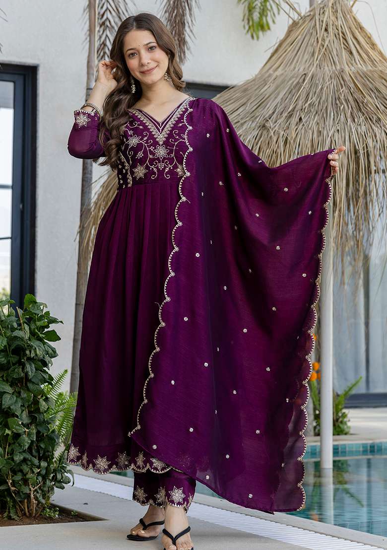 Purple Embroidery Silk Blend Kurta Set - Indya