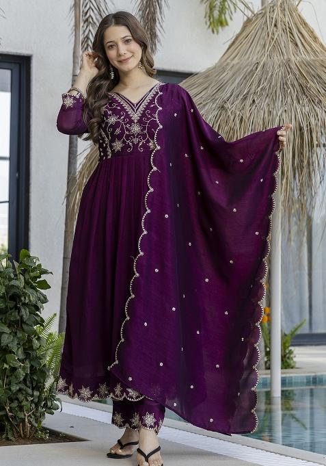 Purple Embroidery Silk Kurta Set