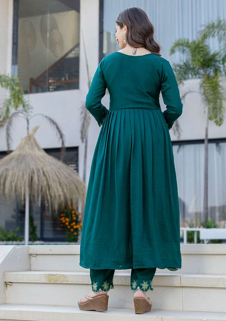 Blue Embroidery Silk Blend Kurta Set - Indya
