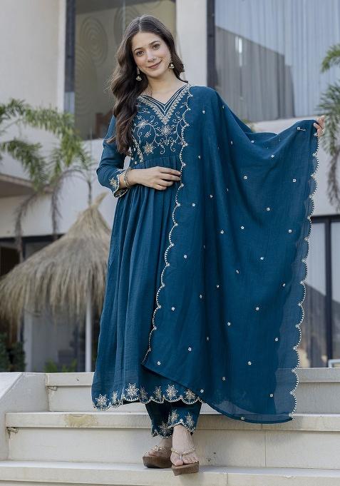Blue Embroidery Silk Kurta Set