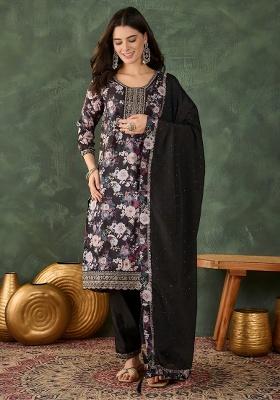 Black Embroidery Silk Blend Kurta Set