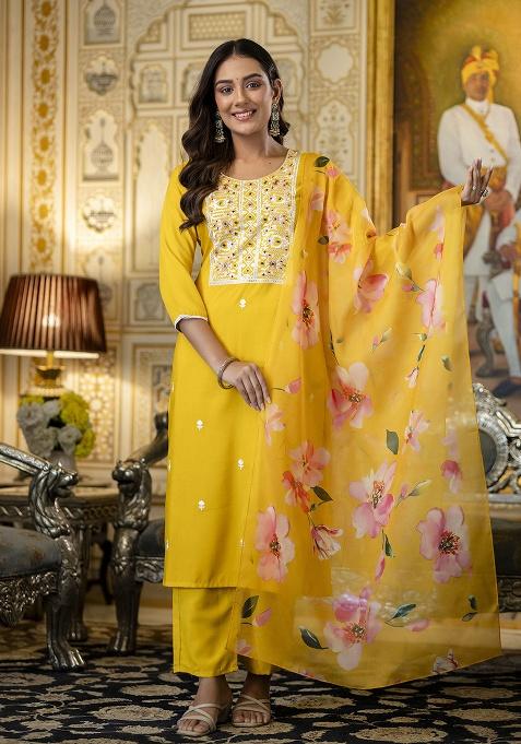 Yellow Embroidery Rayon Kurta Set