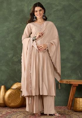 Beige Embroidery Silk Blend Kurta Set