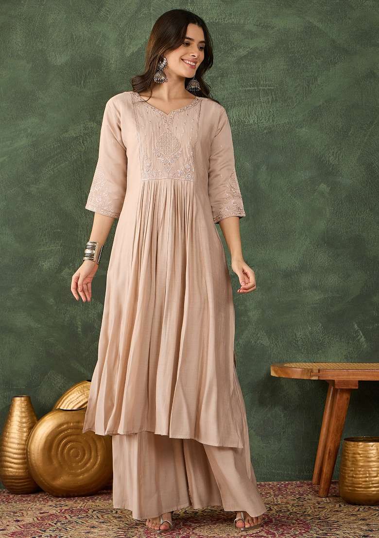 Beige Embroidery Silk Blend Kurta Set - Indya