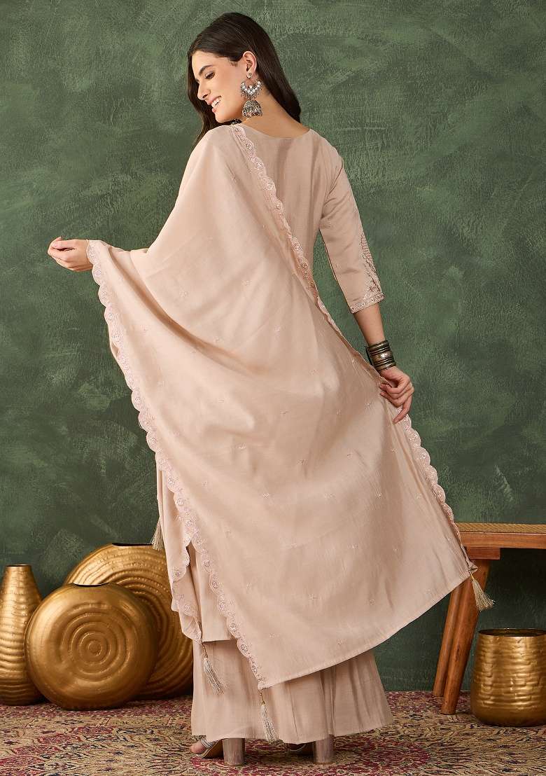 Beige Embroidery Silk Blend Kurta Set - Indya