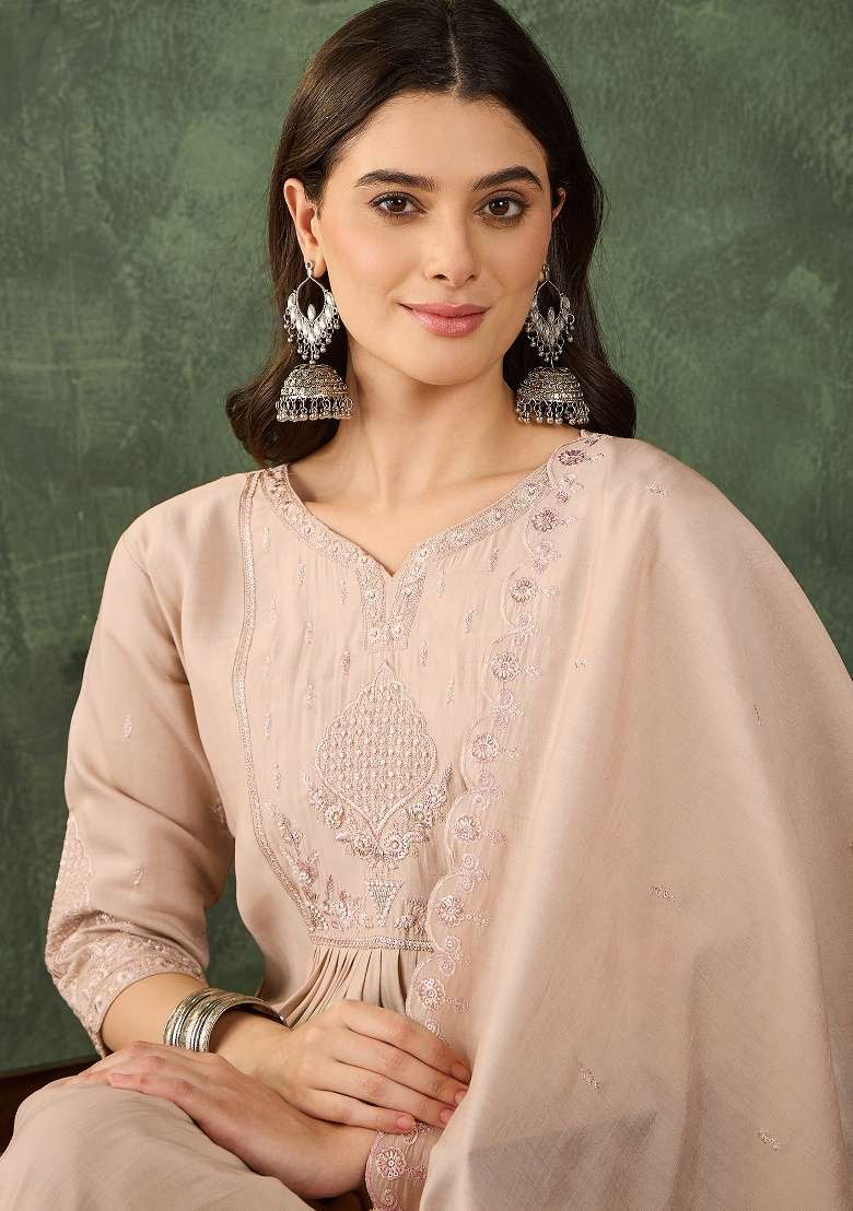 Beige Embroidery Silk Blend Kurta Set - Indya