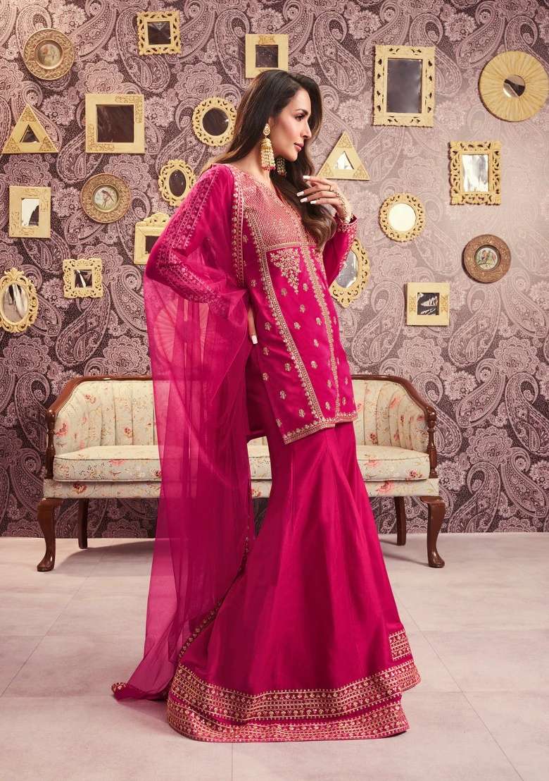 Rani Pink Embroidery Silk Blend Kurta Set - Indya