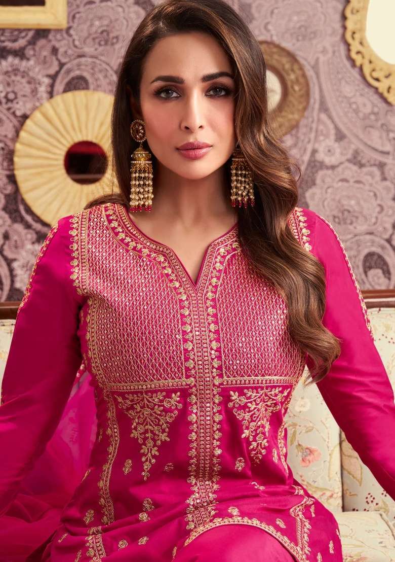 Rani Pink Embroidery Silk Blend Kurta Set - Indya
